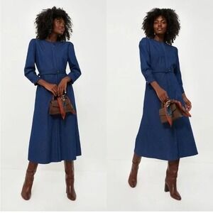 Tuckernuck Denim Catherine Dress Blue Midi Long Sleeve Belted A-Line Size XL